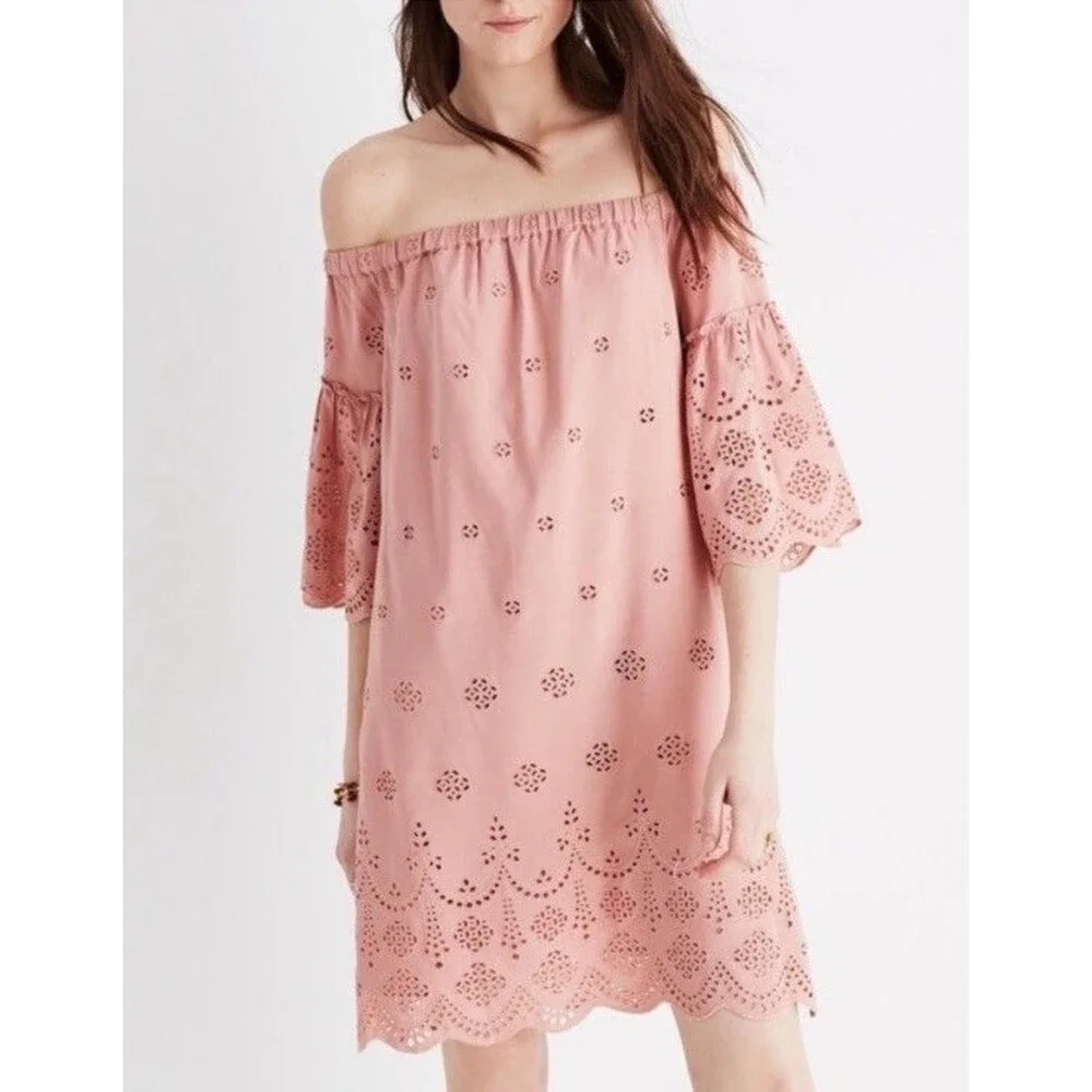 Madewell‎ Dusty Rose Eyelet Off Shoulder Dress Cottagecore Boho Festival Size 2